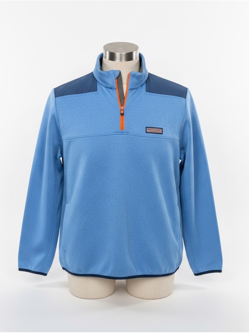 Vineyard Vines Men's Light Blue Orange Quarter-Zip with Navy Panels Fleece